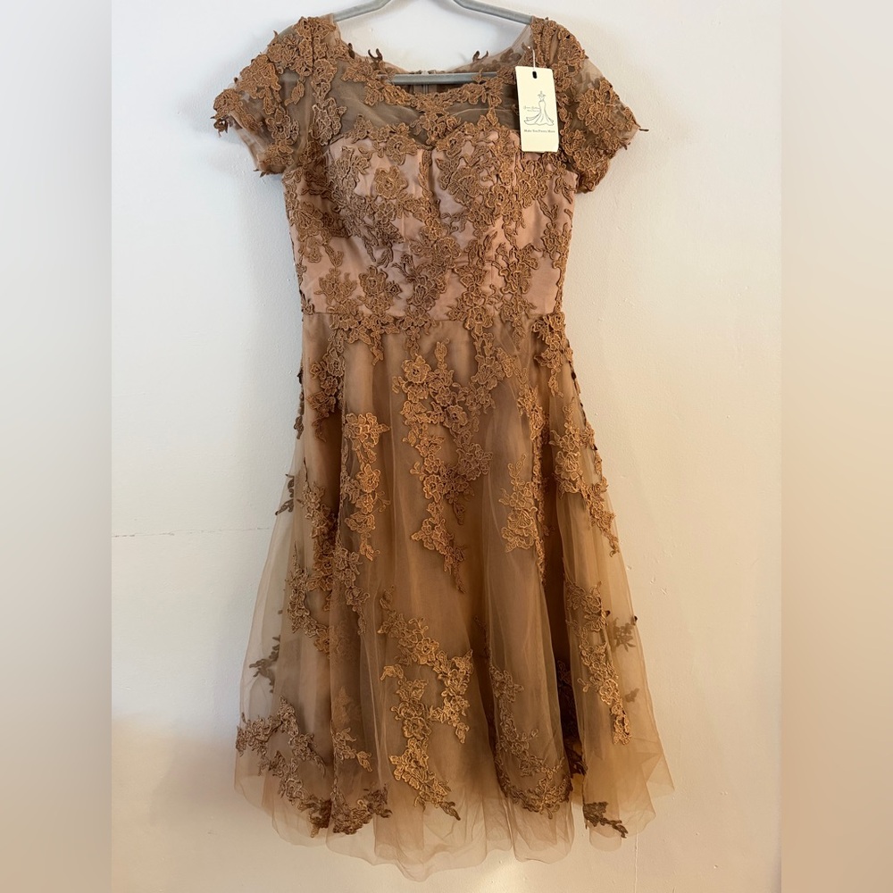 Gallery Gown Mocha Tea Length Wedding Formal Tulle Lace Dress Size 12